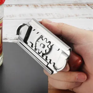 Stainless steel adjustable jar opener with wooden handle kitchen tool for easy bottle opening.