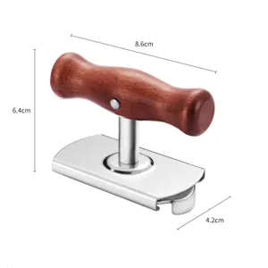Adjustable jar opener with wooden handle and stainless steel base for effortless kitchen use.