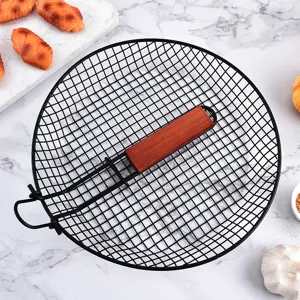 Foldable BBQ wire mesh basket with wooden handle round grill basket for outdoor cooking