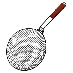 Collapsible BBQ mesh frying basket with wooden handle, round metal wire cooking pan for outdoor.