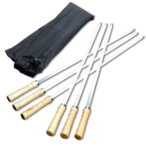 Commercial Stainless Steel BBQ Skewers Flat Grilling Sticks With Wood Handle And Storage Pouch For Outdoor Camping