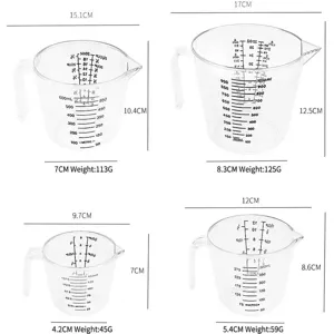 Lot de 4 tasses à mesurer graduées en plastique transparent pour la pâtisserie, tailles variées