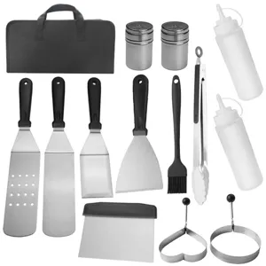 Complete stainless steel BBQ tool set with spatulas, tongs, and storage bag for grilling