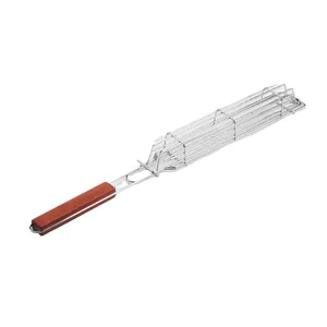 Portable wooden handle stainless steel BBQ grill basket for sausages and hot dogs