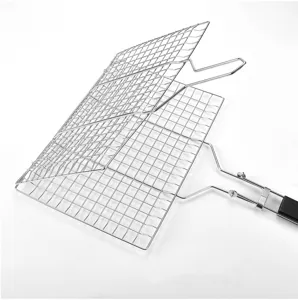 Professioneller klappbarer Fischgrillkorb aus Edelstahl, Detail mit offener Gitterstruktur