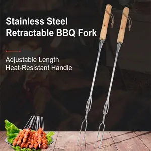 Telescopic Iron BBQ Fork With Wooden Handle U-Shaped Double Prongs Roasting Stick For Outdoor Camping Home BBQ Grill Tools