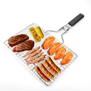 Abnehmbares 430 Edelstahl BBQ Grillkorb Faltbares Fischgrillgitter Mit Verbrühungsschutz Holzgriff Für Outdoor Camping