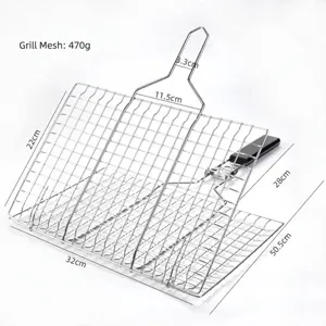 Klappbares Grillgitter aus Edelstahl für Fisch mit Maßangaben und Gewicht