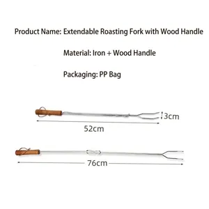 Telescopic BBQ fork with wooden handle, stainless iron U-shaped skewer for outdoor grilling