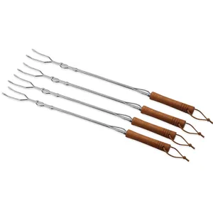 Premium set of 4 stainless steel BBQ forks featuring ergonomic wooden handles and hanging loops