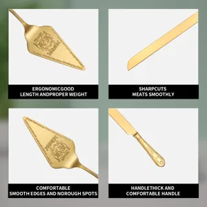 Detailed macro views of golden embossed stainless steel cake server and knife set