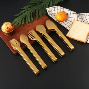 Set of 5 golden stainless steel food tongs with various head designs for versatile kitchen use.