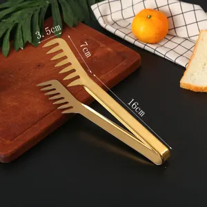 Detailed macro view of golden stainless steel food tongs showing precise size measurements