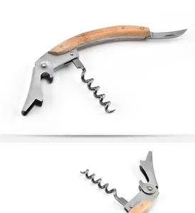 Detail shot of multi-functional rosewood wine opener with stainless steel corkscrew