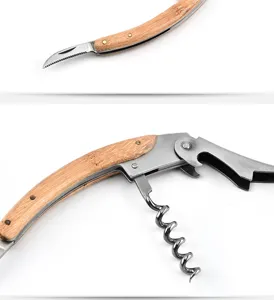 Close-up of rosewood handle and stainless steel corkscrew detail on the wine opener