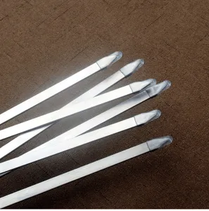 Detailaufnahme von sechs Grillspießen aus Edelstahl mit Schutzkappen aus Kunststoff
