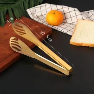 High-quality detail of gold stainless steel food tongs with size measurements