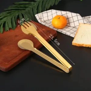 Macro detail view of gold stainless steel food tongs with dimensions 23.5cm length