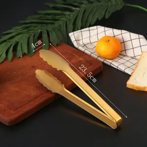 Detailed view of large gold stainless steel food tongs with 23.5cm length dimensions