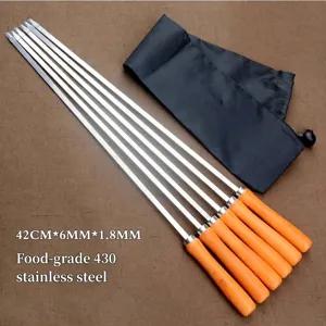 6 Stück 42cm Edelstahl Grillspieße Flache Metallspieße Grillwerkzeuge Mit Hitzebeständigem Holzgriff Und Aufbewahrungsbeutel