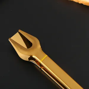 Detailed macro view of high-quality golden stainless steel food tongs for kitchen use