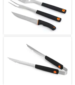 Detail view of stainless steel BBQ tools with ergonomic black and orange handles