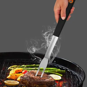 Professional stainless steel BBQ meat fork with heat-resistant handle for grilling