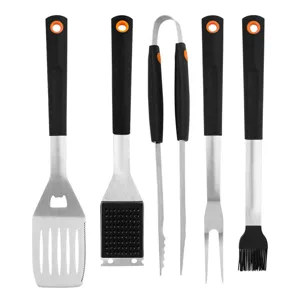 5-piece stainless steel BBQ tool set with spatula tongs fork and silicone oil brush