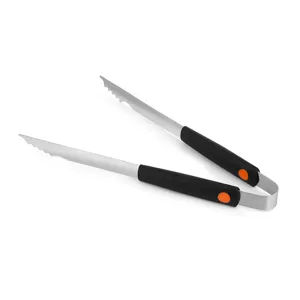 Premium stainless steel BBQ tongs featuring non-slip black handles for outdoor grilling