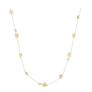 Elegant designer long necklace featuring textured brushed gold discs on a fine chain