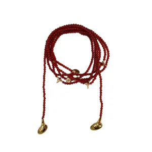French retro red agate beaded necklace with golden trumpet charms long sweater chain