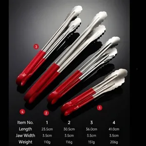 Set of 4 stainless steel food tongs with red rubberized handles in various sizes.