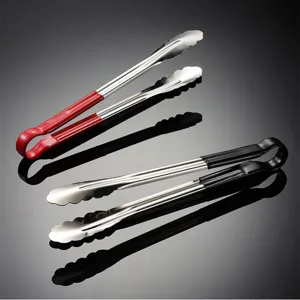 Durable 304 stainless steel food tongs with heat-resistant rubber handles for BBQ