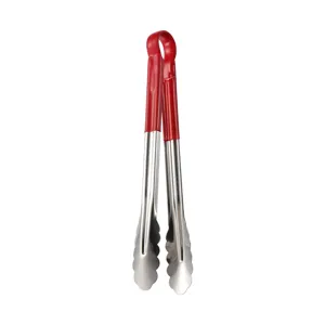 Professional 304 stainless steel food tongs with red rubber non-slip handles for BBQ serving