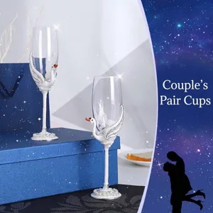 Luxury handcrafted enamel swan crystal glass champagne flutes set with premium blue gift box