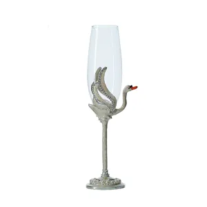 Elegant swan enamel crystal glass champagne flute with rhinestone and pearl accents