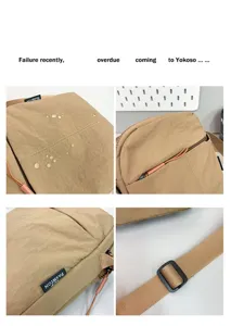 Details einer wasserfesten khakifarbenen Umhängetasche mit Textur, Zipper und Gurt.