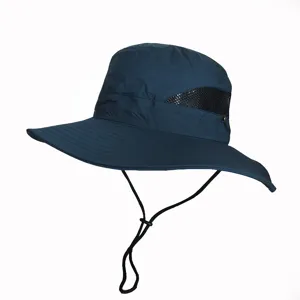 High-definition detail shot of navy blue outdoor bucket hat with breathable mesh