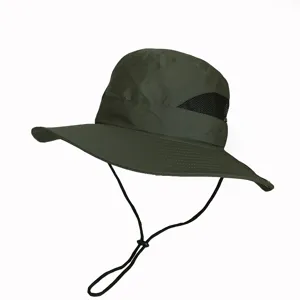 Side view of olive green outdoor sun hat with mesh ventilation and adjustable chin strap