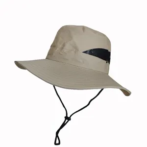 Side view of khaki outdoor sun hat with breathable mesh and adjustable chin strap