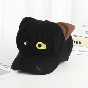 Sweet and cute black cat ear newsboy hat with cartoon embroidery for women, stylish sun hat.