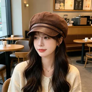 Stylish brown newsboy cap for women in a cozy cafe setting, highlighting retro texture