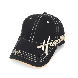 Retro black baseball cap with contrast stitching and side embroidery for women casual outdoor.