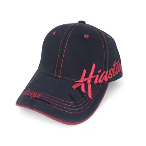 Classic navy baseball cap with red embroidery and contrast stitching for outdoor wear.