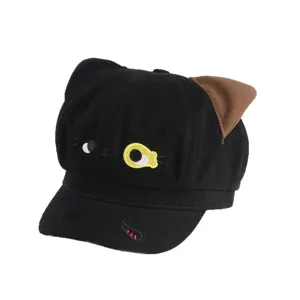 Sweet and cute black cat newsboy hat for women with cartoon ears and facial embroidery