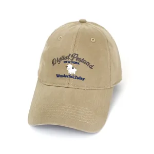 Khaki baseball cap featuring cute sheep embroidery and Digital Postcard text detail