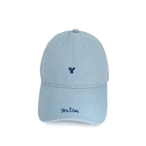 Light blue embroidered baseball cap, casual cotton sun hat with letter Y and slogan.
