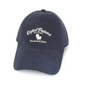Close-up of navy blue baseball cap with cute cartoon sheep and text embroidery