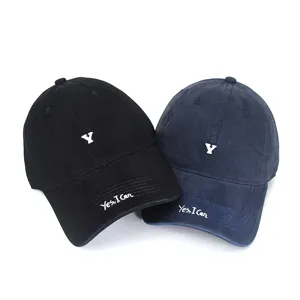 embroidered letter baseball hat detail showing cute Y logo and brim text design for street style