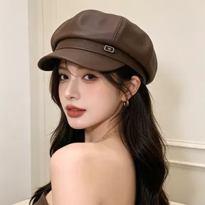 Stylish brown PU leather newsboy hat for women with retro baker boy cap design